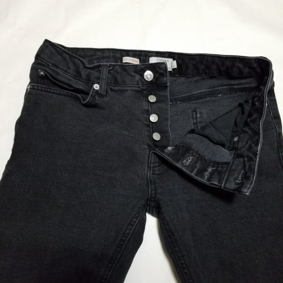 Topman Black Wash Mid Rise Stretch Skinny Jeans w/ Ripped Knees - Picture 5 of 6